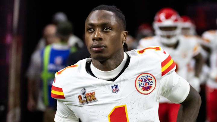Feb 9, 2025; New Orleans, LA, USA;  Kansas City Chiefs wide receiver Xavier Worthy (1) against the Philadelphia Eagles in Super Bowl LIX at Ceasars Superdome. Mandatory Credit: Mark J. Rebilas-Imagn Images