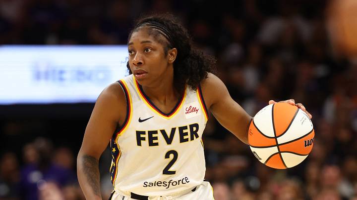 Aug 7, 2025; Phoenix, Arizona, USA; Indiana Fever guard Aari McDonald (2) against the Phoenix Mercury during an WNBA game at PHX Arena. Mandatory Credit: Mark J. Rebilas-Imagn Images