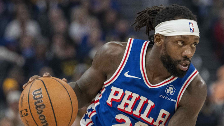Jan 30, 2024; San Francisco, California, USA;  Philadelphia 76ers guard Patrick Beverley (22) drives against the Golden State Warriors during the first quarter at Chase Center. Mandatory Credit: Neville E. Guard-Imagn Images