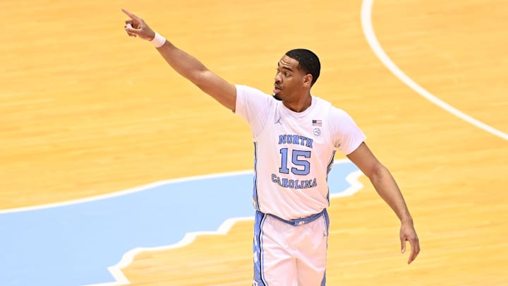 Mar 6, 2021; Chapel Hill, North Carolina, USA;  North Carolina Tar Heels senior forward Garrison Brooks (15) on the court in the first half at Dean E. Smith Center. Mandatory Credit: Bob Donnan-Imagn Images