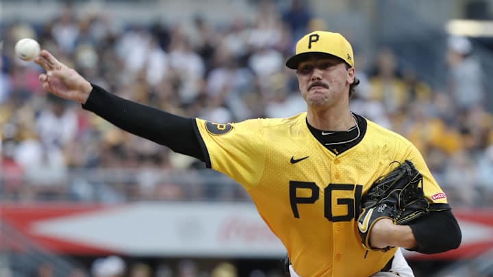 Jul 5, 2024; Pittsburgh, Pennsylvania, USA;  Pittsburgh Pirates starting pitcher Paul Skenes (30) pitches against the New York Mets during the third inning at PNC Park. Mandatory Credit: Charles LeClaire-USA TODAY Sports