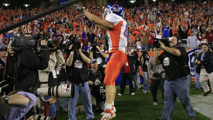 Boise State's Ian Johnson celebrates after scoring a walk-off two-point conversion to win the 2007 Fiesta Bowl. Boise State's Ian Johnson celebrates after scoring a walk-off two-point conversion to win the 2007 Fiesta Bowl.