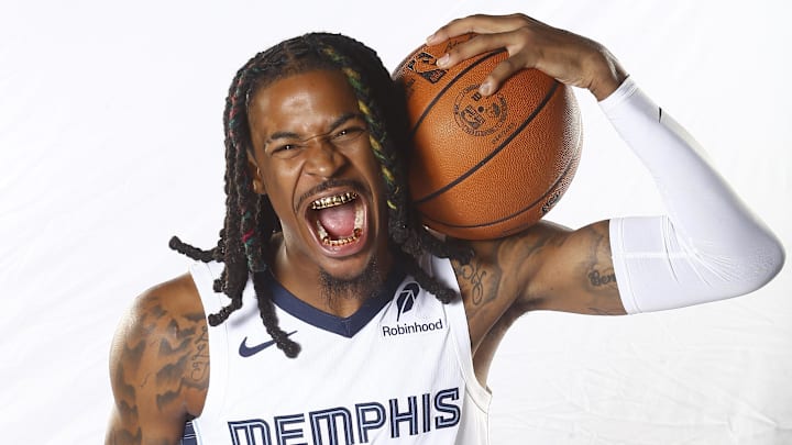 Sep 30, 2024; Memphis, TN, USA; Memphis Grizzlies guard Ja Morant (12) during media day at FedEx Forum. Mandatory Credit: Petre Thomas-Imagn Images Sep 30, 2024; Memphis, TN, USA; Memphis Grizzlies guard Ja Morant (12) during media day at FedEx Forum. Mandatory Credit: Petre Thomas-Imagn Images