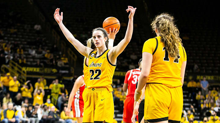 Iowa guard Caitlin Clark (22) pumps up the crowd after drawing a foul during a NCAA Big Ten Conference women's basketball game against Ohio State, Monday, Jan. 31, 2022, at Carver-Hawkeye Arena in Iowa City, Iowa. Iowa guard Caitlin Clark (22) pumps up the crowd after drawing a foul during a NCAA Big Ten Conference women's basketball game against Ohio State, Monday, Jan. 31, 2022, at Carver-Hawkeye Arena in Iowa City, Iowa.