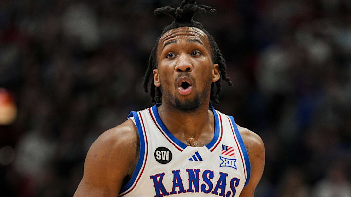 Jan 24, 2026; Columbia, Missouri, USA; Kansas Jayhawks guard Darryn Peterson (22) reacts during the first half against the BYU Cougars at Mizzou Arena. Mandatory Credit: Jay Biggerstaff-Imagn Images