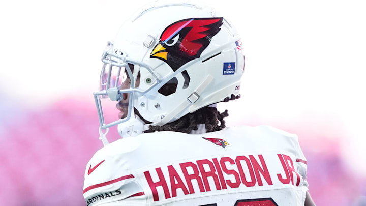 Dec 15, 2024; Glendale, Arizona, USA; Arizona Cardinals wide receiver Marvin Harrison Jr. (18) warms up before the game against the New England Patriots at State Farm Stadium. Mandatory Credit: Joe Camporeale-Imagn Images