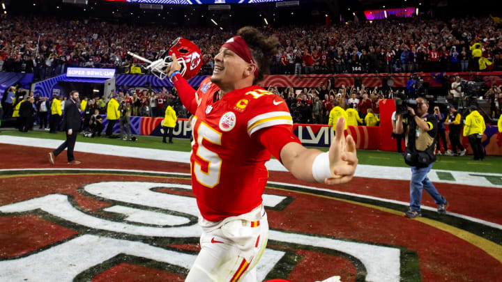 Feb 11, 2024; Paradise, Nevada, USA; Kansas City Chiefs quarterback Patrick Mahomes (15) celebrates after defeating the San Francisco 49ers in overtime of Super Bowl LVIII at Allegiant Stadium. Mandatory Credit: Mark J. Rebilas-USA TODAY Sports Feb 11, 2024; Paradise, Nevada, USA; Kansas City Chiefs quarterback Patrick Mahomes (15) celebrates after defeating the San Francisco 49ers in overtime of Super Bowl LVIII at Allegiant Stadium. Mandatory Credit: Mark J. Rebilas-USA TODAY Sports