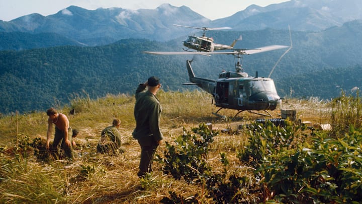 Helicopters on a resupply mission during the Vietnam War.