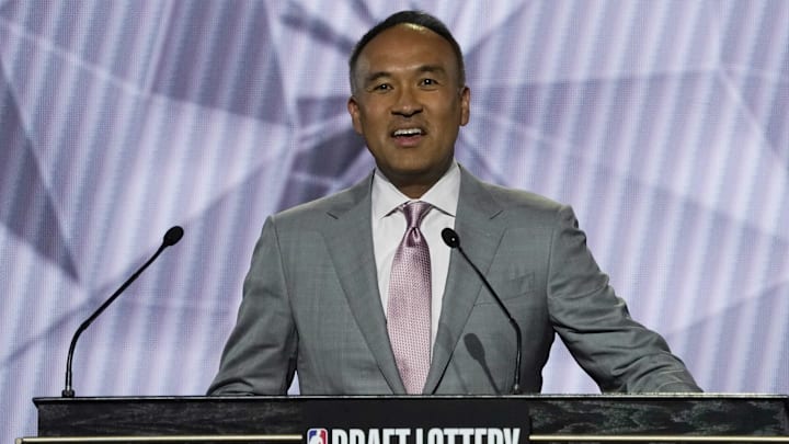 May 17, 2022; Chicago, IL, USA; NBA deputy commissioner Mark Tatum announces the results during the 2022 NBA Draft Lottery at McCormick Place. Mandatory Credit: David Banks-Imagn Images
