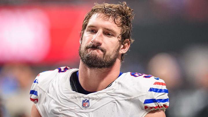 Buffalo Bills defensive end Joey Bosa on the field against the Atlanta Falcons at Mercedes-Benz Stadium.