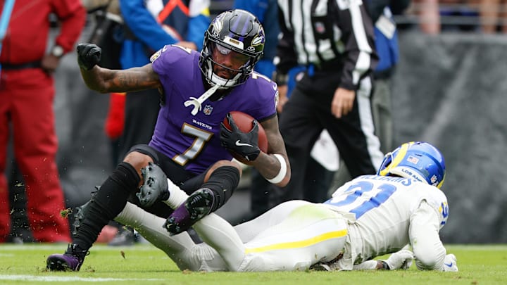 Oct 12, 2025; Baltimore, Maryland, USA; Los Angeles Rams cornerback Darious Williams (31) tackles Baltimore Ravens wide receiver Rashod Bateman (7) during the first quarter of the game at M&T Bank Stadium. Mandatory Credit: Peter Casey-Imagn Images Oct 12, 2025; Baltimore, Maryland, USA; Los Angeles Rams cornerback Darious Williams (31) tackles Baltimore Ravens wide receiver Rashod Bateman (7) during the first quarter of the game at M&T Bank Stadium. Mandatory Credit: Peter Casey-Imagn Images