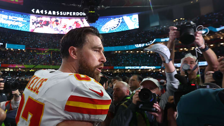 Feb 9, 2025; New Orleans, LA, USA; Kansas City Chiefs tight end Travis Kelce (87) reacts on the field after losing to the Philadelphia Eagles in Super Bowl LIX at Ceasars Superdome. Mandatory Credit: Mark J. Rebilas-Imagn Images