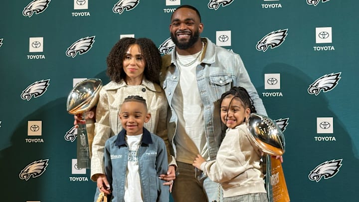 Brandon Graham at his retirement press conference with the two Lombardi Trophies he helped deliver to the Eagles, his wife, Carlyne, and kids Bryson (left) and Emerson. Brandon Graham at his retirement press conference with the two Lombardi Trophies he helped deliver to the Eagles, his wife, Carlyne, and kids Bryson (left) and Emerson.
