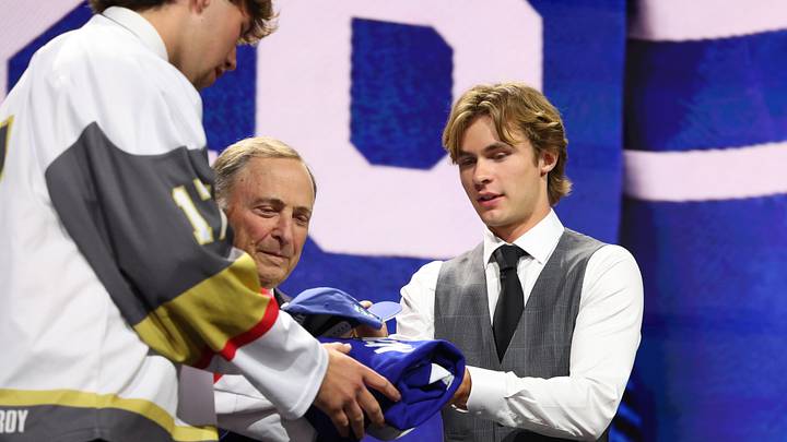 Jun 26, 2026; Buffalo, New York, USA; Gavin McKenna talks to NHL commissioner Gary Bettman after being selected with the first pick in the first round of the 2026 NHL Draft by the Toronto Maple Leafs at KeyBank Center. Mandatory Credit: Timothy T. Ludwig-Imagn Images Jun 26, 2026; Buffalo, New York, USA; Gavin McKenna talks to NHL commissioner Gary Bettman after being selected with the first pick in the first round of the 2026 NHL Draft by the Toronto Maple Leafs at KeyBank Center. Mandatory Credit: Timothy T. Ludwig-Imagn Images