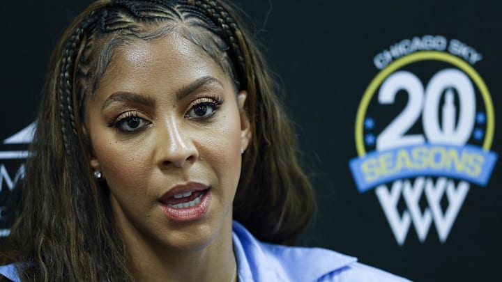 Aug 25, 2025; Chicago, Illinois, USA; Chicago Sky franchise legend and WNBA Champion Candace Parker speaks during a press conference before a WNBA game between the Chicago Sky and Las Vegas Aces at Wintrust Arena. Mandatory Credit: Kamil Krzaczynski-Imagn Images