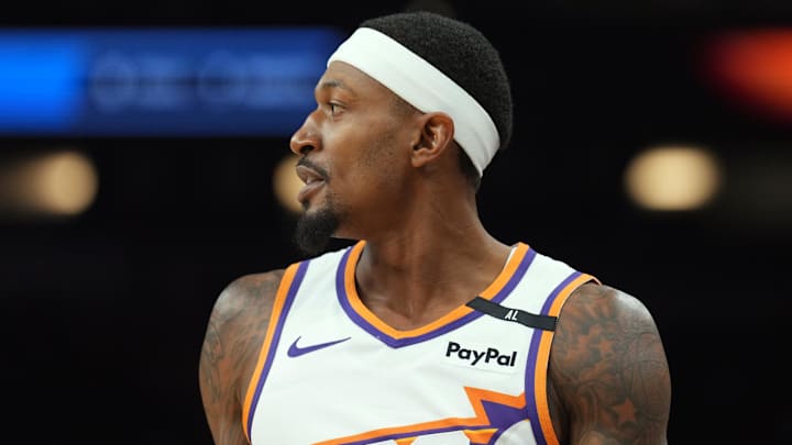 Oct 11, 2024; Phoenix, Arizona, USA; Phoenix Suns guard Bradley Beal (3) looks on against the Detroit Pistons during the first half at Footprint Center. Mandatory Credit: Joe Camporeale-Imagn Images Oct 11, 2024; Phoenix, Arizona, USA; Phoenix Suns guard Bradley Beal (3) looks on against the Detroit Pistons during the first half at Footprint Center. Mandatory Credit: Joe Camporeale-Imagn Images