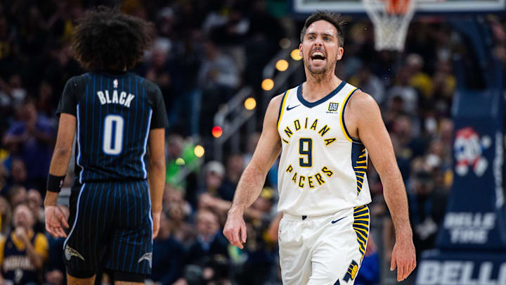 Nov 6, 2024; Indianapolis, Indiana, USA; Indiana Pacers guard T.J. McConnell (9) reacts to a play in the first half against the Orlando Magic at Gainbridge Fieldhouse. Mandatory Credit: Trevor Ruszkowski-Imagn Images