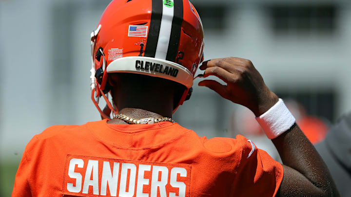 Cleveland Browns quarterback Shedeur Sanders (12) heads on to the field during day two of NFL rookie minicamp at the Cleveland Browns training facility on Saturday, May 10, 2025, in Berea, Ohio. Cleveland Browns quarterback Shedeur Sanders (12) heads on to the field during day two of NFL rookie minicamp at the Cleveland Browns training facility on Saturday, May 10, 2025, in Berea, Ohio.