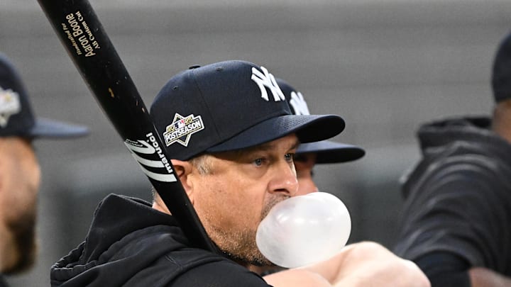 Oct 3, 2025; Toronto, Ontario, Canada;  New York Yankees manager Aaron Boone (17) watches his players during workouts at Rogers Centre. Mandatory Credit: Dan Hamilton-Imagn Images