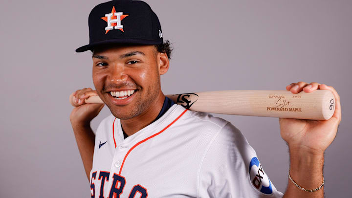 Feb 20, 2025; West Palm Beach, FL, USA;  Houston Astros infielder Cam Smith poses for a photo at the Houston Astros media day.
