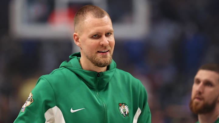 Jun 14, 2024; Dallas, Texas, USA; Boston Celtics center Kristaps Porzingis (8) looks on before game four of the 2024 NBA Finals against the Dallas Mavericks at American Airlines Center. Mandatory Credit: Peter Casey-Imagn Imagese Jun 14, 2024; Dallas, Texas, USA; Boston Celtics center Kristaps Porzingis (8) looks on before game four of the 2024 NBA Finals against the Dallas Mavericks at American Airlines Center. Mandatory Credit: Peter Casey-Imagn Imagese