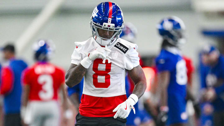 Jun 18, 2025; East Rutherford, NJ, USA; New York Giants safety Jevon Holland (8) participates in a drill during minicamp at Quest Diagnostics Training Center. Mandatory Credit: John Jones-Imagn Images