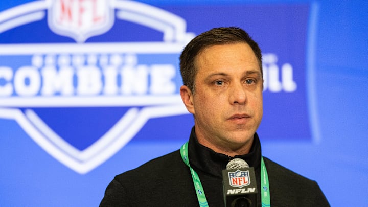 Feb 27, 2024; Indianapolis, IN, USA; Kansas City Chiefs General Manager Brett Veach talks to the media at the 2024 NFL Combine at Indiana Convention Center. Mandatory Credit: Trevor Ruszkowski-Imagn Images