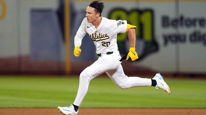 Sep 6, 2024; Oakland, California, USA; Oakland Athletics second baseman Zack Gelof (20) runs to second base during the fifth inning against the Detroit Tigers at Oakland-Alameda County Coliseum. Mandatory Credit: Darren Yamashita-Imagn Images Sep 6, 2024; Oakland, California, USA; Oakland Athletics second baseman Zack Gelof (20) runs to second base during the fifth inning against the Detroit Tigers at Oakland-Alameda County Coliseum. Mandatory Credit: Darren Yamashita-Imagn Images