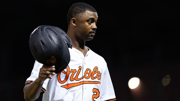 Nov 9, 2025; Mesa, AZ, USA; Baltimore Orioles outfielder Enrique Bradfield Jr. during the Arizona Fall League Fall Stars Game at Sloan Park. Mandatory Credit: Mark J. Rebilas-Imagn Images