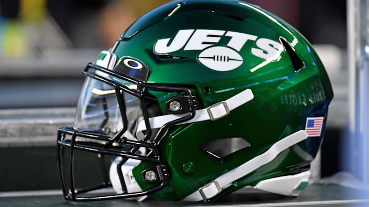 Aug 12, 2022; Philadelphia, Pennsylvania, USA; New York Jets helmet on the sidelines against the Philadelphia Eagles at Lincoln Financial Field. Mandatory Credit: Eric Hartline-Imagn Images