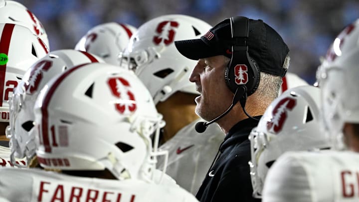 Nov 8, 2025; Chapel Hill, North Carolina, USA;  Stanford Cardinal head coach Frank Reich with his players in the third quarter at Kenan Stadium. Mandatory Credit: Bob Donnan-Imagn Images