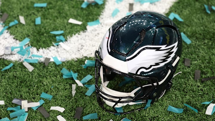 Feb 9, 2025; New Orleans, LA, USA; A Philadelphia Eagles player's helmet rests on the field after Super Bowl LIX against the Kansas City Chiefs at Caesars Superdome. Mandatory Credit: Geoff Burke-Imagn Images