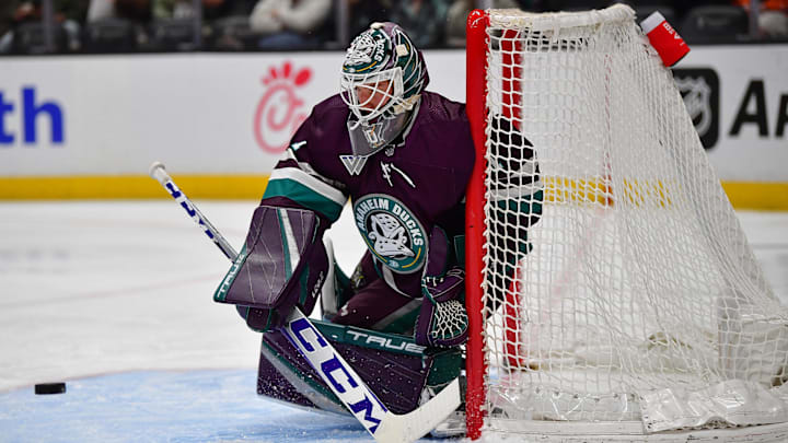 Apr 5, 2024; Anaheim, California, USA; Anaheim Ducks goaltender Lukas Dostal (1) defends the goal against the Seattle Kraken during the first period at Honda Center. Mandatory Credit: Gary A. Vasquez-Imagn Images