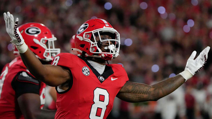 Georgia Bulldogs wide receiver Colbie Young (8) celebrates after scoring a touchdown during the first half of a NCAA college football game against Alabama in Athens, Ga., on Saturday, September 27, 2025.