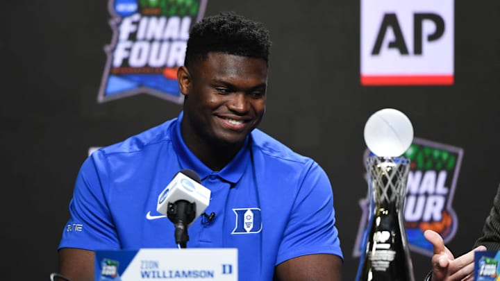 Apr 5, 2019; Minneapolis, MN, USA; Duke Blue Devils forward Zion Williamson accepts the Associated Press College Basketball Player of the Year award during a press conference for the 2019 men's Final Four at US Bank Stadium.