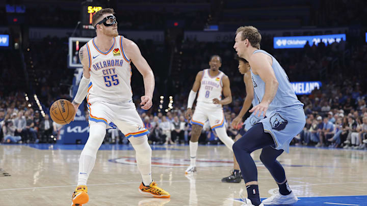 Mar 27, 2025; Oklahoma City, Oklahoma, USA; Oklahoma City Thunder center Isaiah Hartenstein (55) looks to pass against the Memphis Grizzlies during the second quarter at Paycom Center. Mandatory Credit: Alonzo Adams-Imagn Images