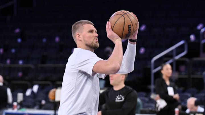 Apr 8, 2025; New York, New York, USA; Boston Celtics center Kristaps Porzingis (8) warms up before a game against the New York Knicks at Madison Square Garden. Mandatory Credit: John Jones-Imagn Images