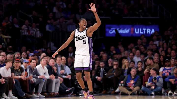 Apr 4, 2024; New York, New York, USA; Sacramento Kings guard De'Aaron Fox (5) reacts during the fourth quarter against the New York Knicks at Madison Square Garden. Mandatory Credit: Brad Penner-USA TODAY Sports