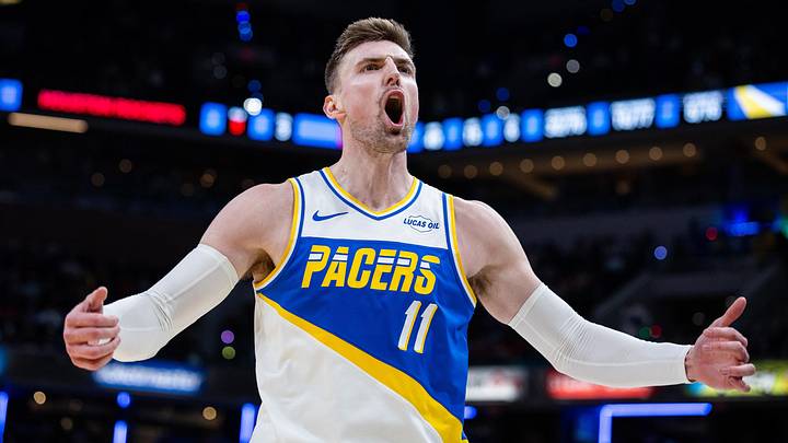 Feb 2, 2026; Indianapolis, Indiana, USA;  Indiana Pacers center Micah Potter (11) reacts in the second half against the Houston Rockets at Gainbridge Fieldhouse. Mandatory Credit: Trevor Ruszkowski-Imagn Images