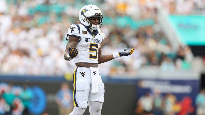 Sep 5, 2026; Morgantown, West Virginia, USA; West Virginia Mountaineers wide receiver Jaden Bray (5) during the third quarter against the Coastal Carolina Chanticleers at Milan Puskar Stadium. Mandatory Credit: Ben Queen-Imagn Images