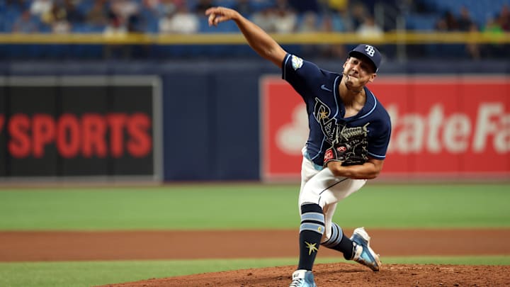 Sep 6, 2023; St. Petersburg, Florida, USA; Tampa Bay Rays relief pitcher Robert Stephenson (26) throws a pitch against the Boston Red Sox during the seventh inning at Tropicana Field. Mandatory Credit: Kim Klement Neitzel-Imagn Images Sep 6, 2023; St. Petersburg, Florida, USA; Tampa Bay Rays relief pitcher Robert Stephenson (26) throws a pitch against the Boston Red Sox during the seventh inning at Tropicana Field. Mandatory Credit: Kim Klement Neitzel-Imagn Images