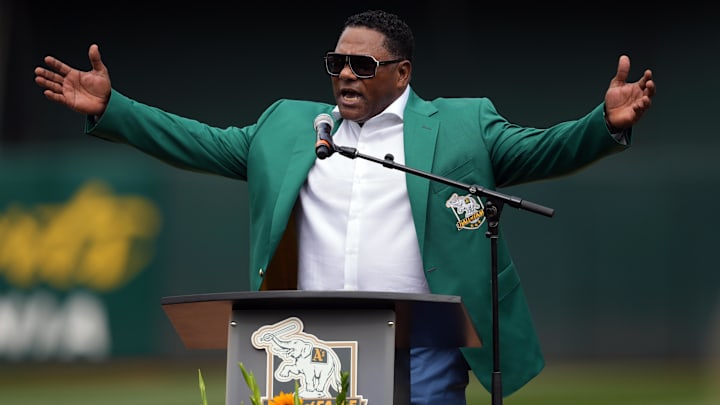 Aug 17, 2024; Oakland, California, USA; Oakland Athletics former shortstop Miguel Tejada speaks before the game against the San Francisco Giants at Oakland-Alameda County Coliseum. Mandatory Credit: Darren Yamashita-Imagn Images Aug 17, 2024; Oakland, California, USA; Oakland Athletics former shortstop Miguel Tejada speaks before the game against the San Francisco Giants at Oakland-Alameda County Coliseum. Mandatory Credit: Darren Yamashita-Imagn Images