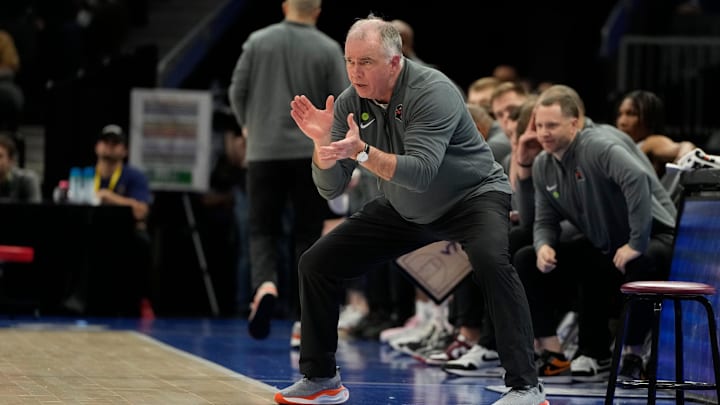 Mar 11, 2025; Charlotte, NC, USA; Virginia Tech Hokies head coach Mike Young reacts in the second half at Spectrum Center. Mandatory Credit: Bob Donnan-Imagn Images