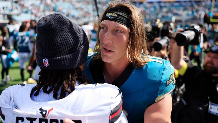 Jacksonville Jaguars quarterback Trevor Lawrence (16) greets Houston Texans quarterback CJ. Stroud (7) mid-field after the game of an NFL football matchup at EverBank Stadium, Sunday, Sept. 21, 2025, in Jacksonville, Fla. The Jaguars defeated the Texans 17-10. 