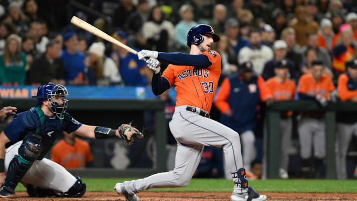 Sep 27, 2023; Seattle, Washington, USA; Houston Astros right fielder Kyle Tucker (30) hits an RBI Sep 27, 2023; Seattle, Washington, USA; Houston Astros right fielder Kyle Tucker (30) hits an RBI