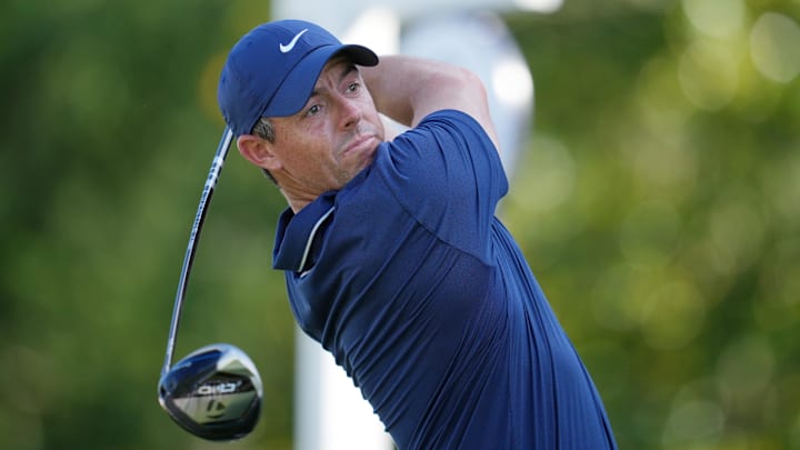 May 17, 2025; Charlotte, North Carolina, USA; Rory McIlroy tees off on the third hole during the third round of the PGA Championship golf tournament at Quail Hollow. Mandatory Credit: Aaron Doster-Imagn Images