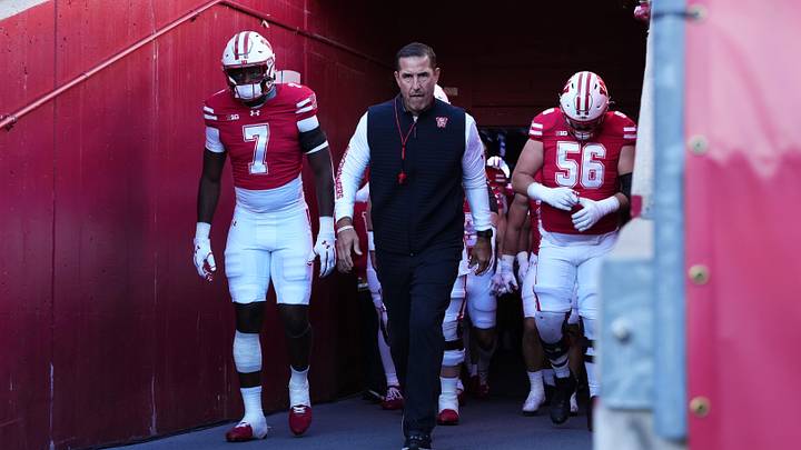 Oct 11, 2025; Madison, Wisconsin, USA; Wisconsin Badgers head coach Luke Fickell leads his team out of the tunnel at Camp Randall Stadium. Mandatory Credit: Ross Harried-Imagn Images
