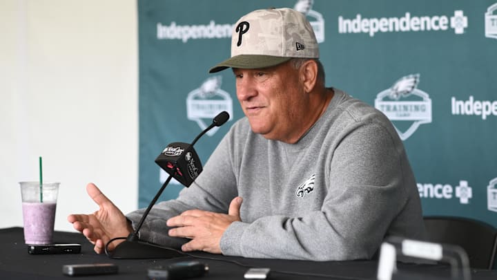 Philadelphia Eagles defensive coordinator Vic Fangio addresses media during training camp at NovaCare Complex.