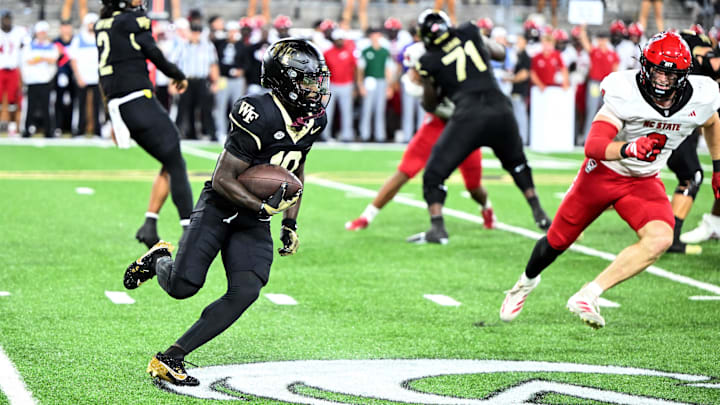 Sep 11, 2025; Winston-Salem, North Carolina, USA;  Wake Forest Demon Deacons wide receiver Chris Barnes (10) catches a pass in the first half against North Carolina State Wolfpack at Allegacy Federal Credit Union Stadium. Mandatory Credit: Luke Jamroz-Imagn Images