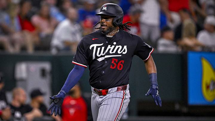 Jun 15, 2026; Arlington, Texas, USA; Minnesota Twins designated hitter Josh Bell (56) rounds third base after he hits a three run home run against the Texas Rangers during the first inning at Globe Life Field. Mandatory Credit: Jerome Miron-Imagn Images